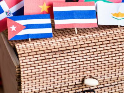 A wooden wicker box filled with mini international flags from around the world