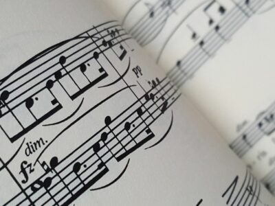 Music notes on a sheet of music paper