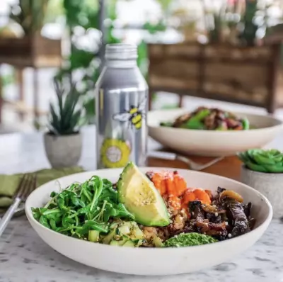 Flower Child's Mother Earth Bowl which includes ingredients such as ancient grains, sweet potato, portobello mushroom, avocado, cucumber and broccoli pesto